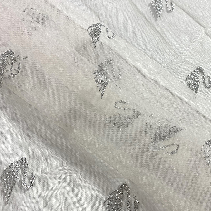 Fabricante de suministro de cisne impresa en oro tela de malla de nylon ropa infantil tela de vestido de acero