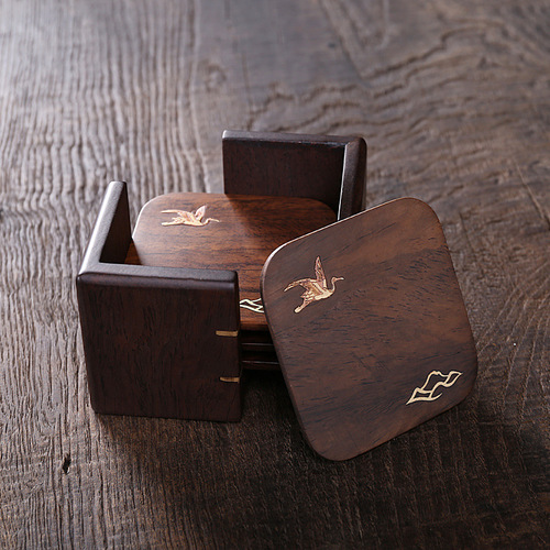 [Copper Wood Coaster] Black sandalwood whole solid wood log inlaid with brass kung fu tea ceremony anti-scalding accessories tea cup holder