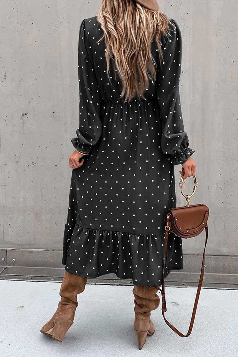 Wave Dot Print V-Neck Long-Sleeved Hedging Slit Dress NSQSY78175