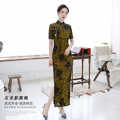 Women's retro Chinese qipao dresses velvet long cheongsam printing sleeve trend retro dress cheongsam skirt