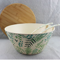 环保竹纤维餐具圆形清新树叶图案沙拉碗大小碗可配竹盖含叉勺套装