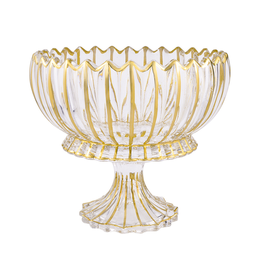 跨境大号水果盘水晶玻璃果斗条形金莲花供盘创意金边高脚干果盘