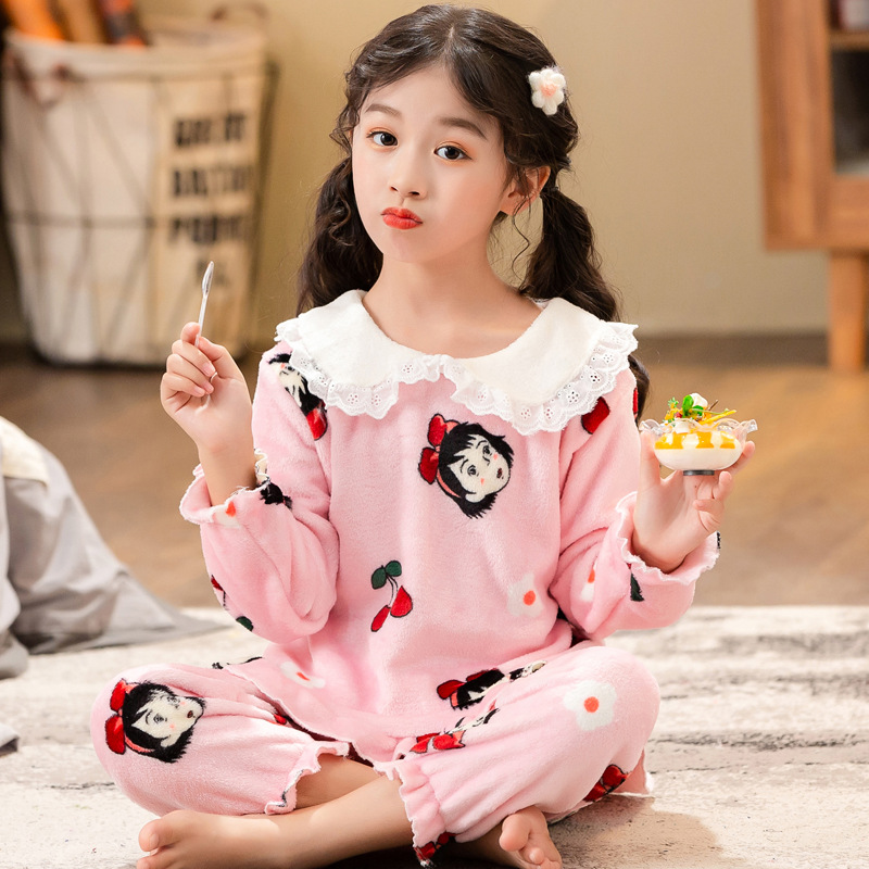 兒童睡衣長袖法蘭絨女童秋冬季大童加厚童裝保暖家居服珊瑚絨套裝