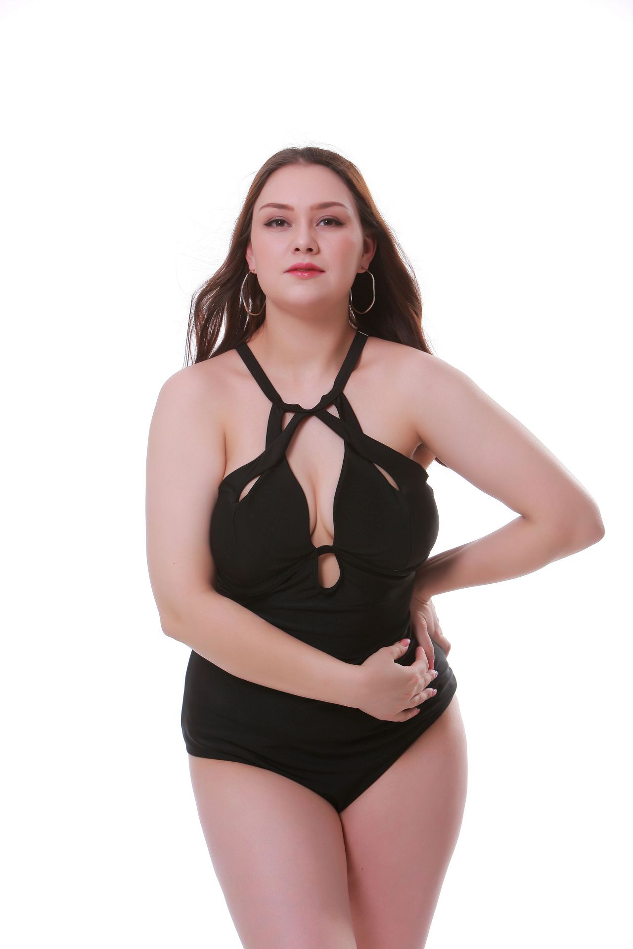 plus size solid color cross strapped one-piece swimsuit  NSHL42460