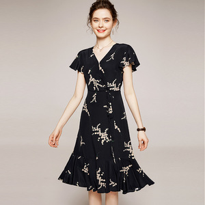 Silk V-neck printed silk dress female