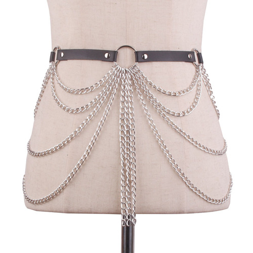 European and American cross-border PU decorated belt with multi-layer metal chains and tassels, body chain for nightclubs, bars, and performance decorations, waist chain