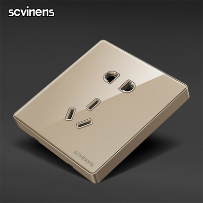 86型家用香槟金五孔插座 水晶玻璃开关面板10A二三插开关插座批发