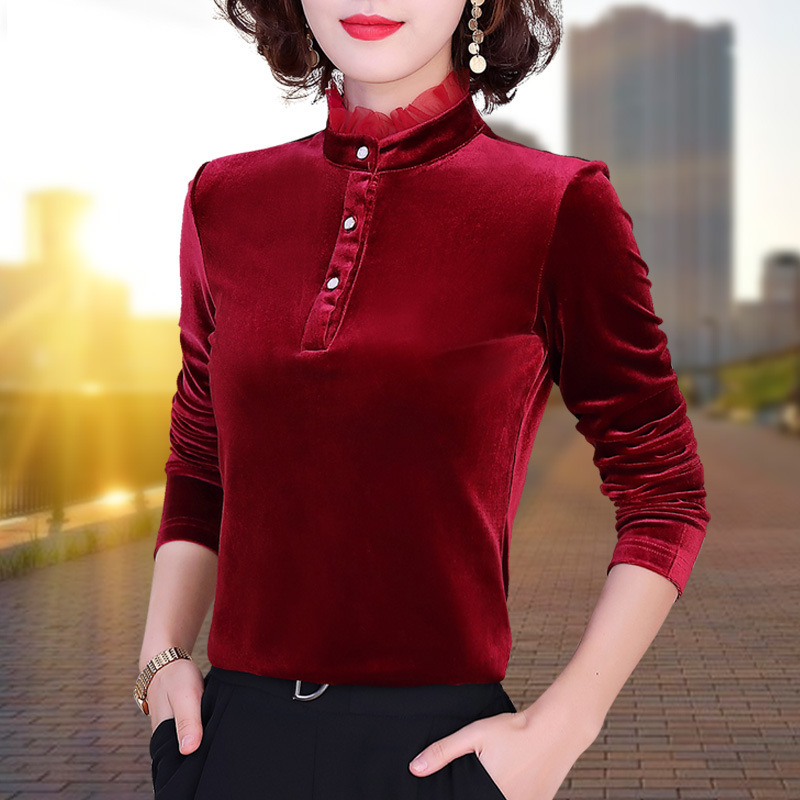 Gold Velvet Base Shirt Women's Autumn and Winter Western Style Long-sleeved T-shirt New High-end Slim-fit Half-high Collar Top