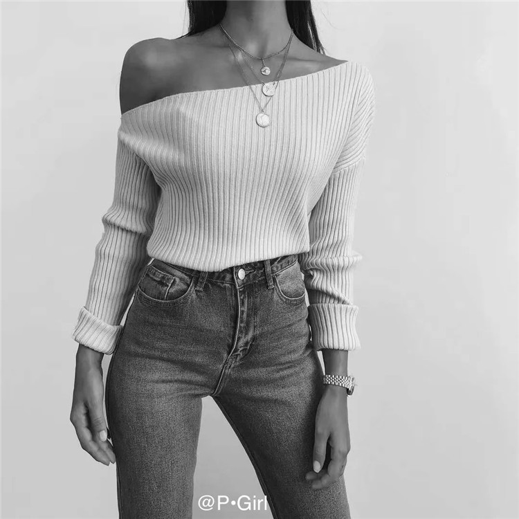 oblique collar off-shoulder stretch slim sweater  NSLD11681