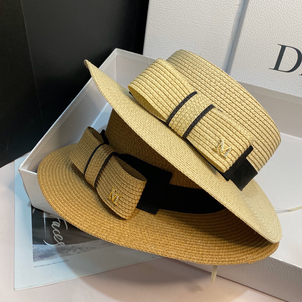 Japanese straw hat summer Dilraba style bow flat top sun hat, wide-brimmed sun hat for outings and sun protection detail image 3