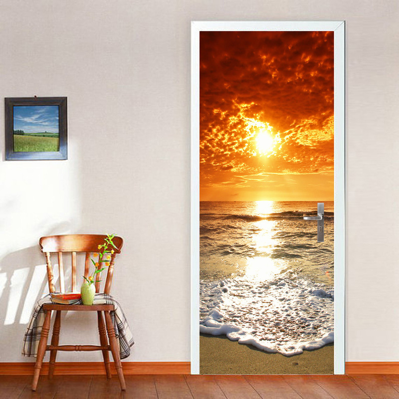 Creative 3D door stickers refurbished self-adhesive stickers decorative bedroom living room wall stickers door stickers sunset beach cross-border supply