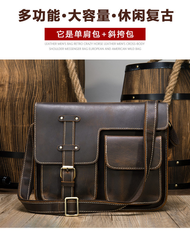 Túi đeo chéo nam da bò thật da ngựa điên , đựng vừa máy tính bảng 8 inch — Màu nâu, Màu đen chi tiết 11