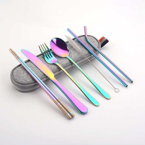 Amazon Cross-border 304 stainless steel knife fork spoon straw square chopsticks travel portable set Outdoor tableware