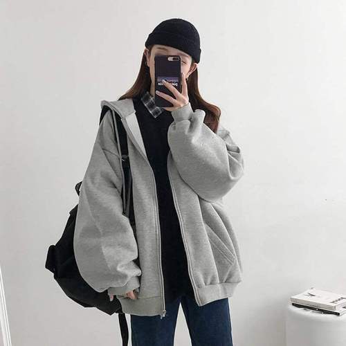 Zipper hooded sweatshirt for women autumn and winter thickened velvet Korean style college style loose solid color long-sleeved cardigan jacket on behalf of