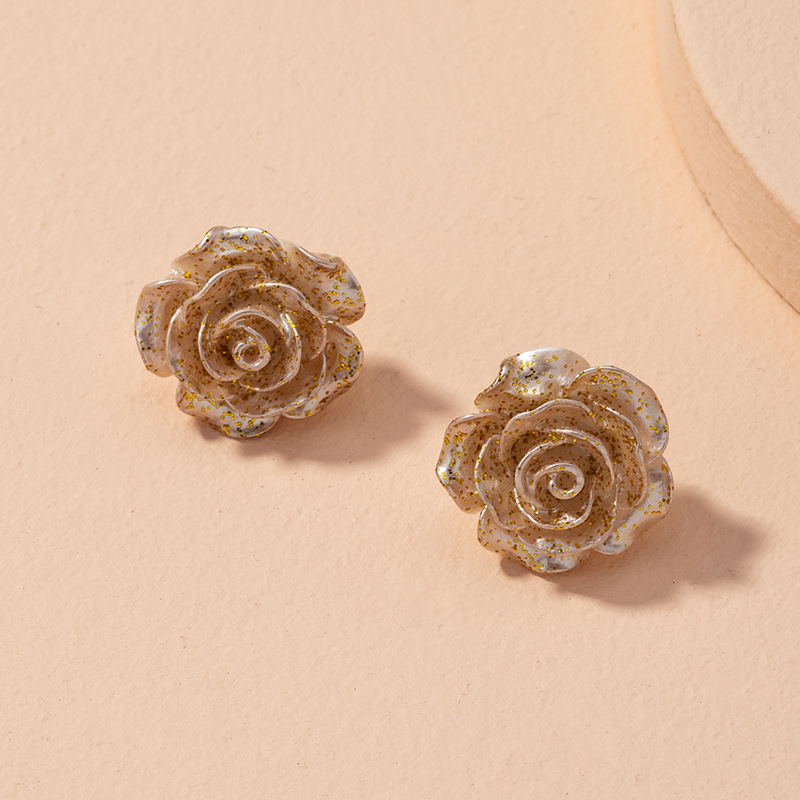 Boucles D'oreilles Fleur Rose Feuille D'or En Résine Transparente display picture 7