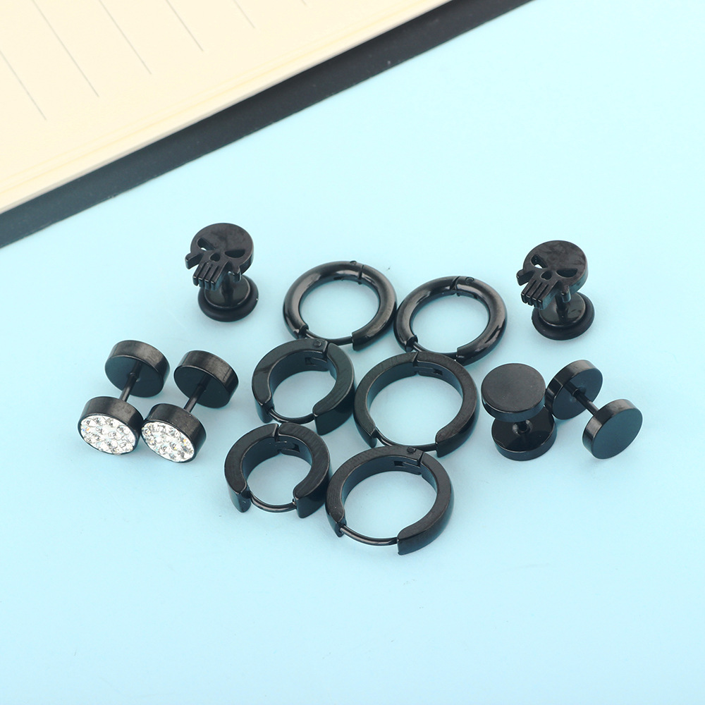 Amazon Hot Sale Mixed Earrings Set - Titanium Steel Stud Earrings for Men - Punk Style Duck Motif - 8mm Black 12pcs detail image 7