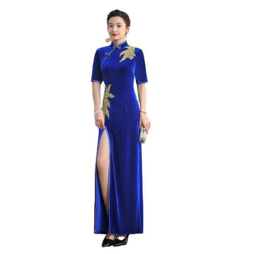 Women royal blue velvet  Chinese dresses Cheongsam long sleeve velvet cheongsam cheongsam dress show banquet qipao dresses