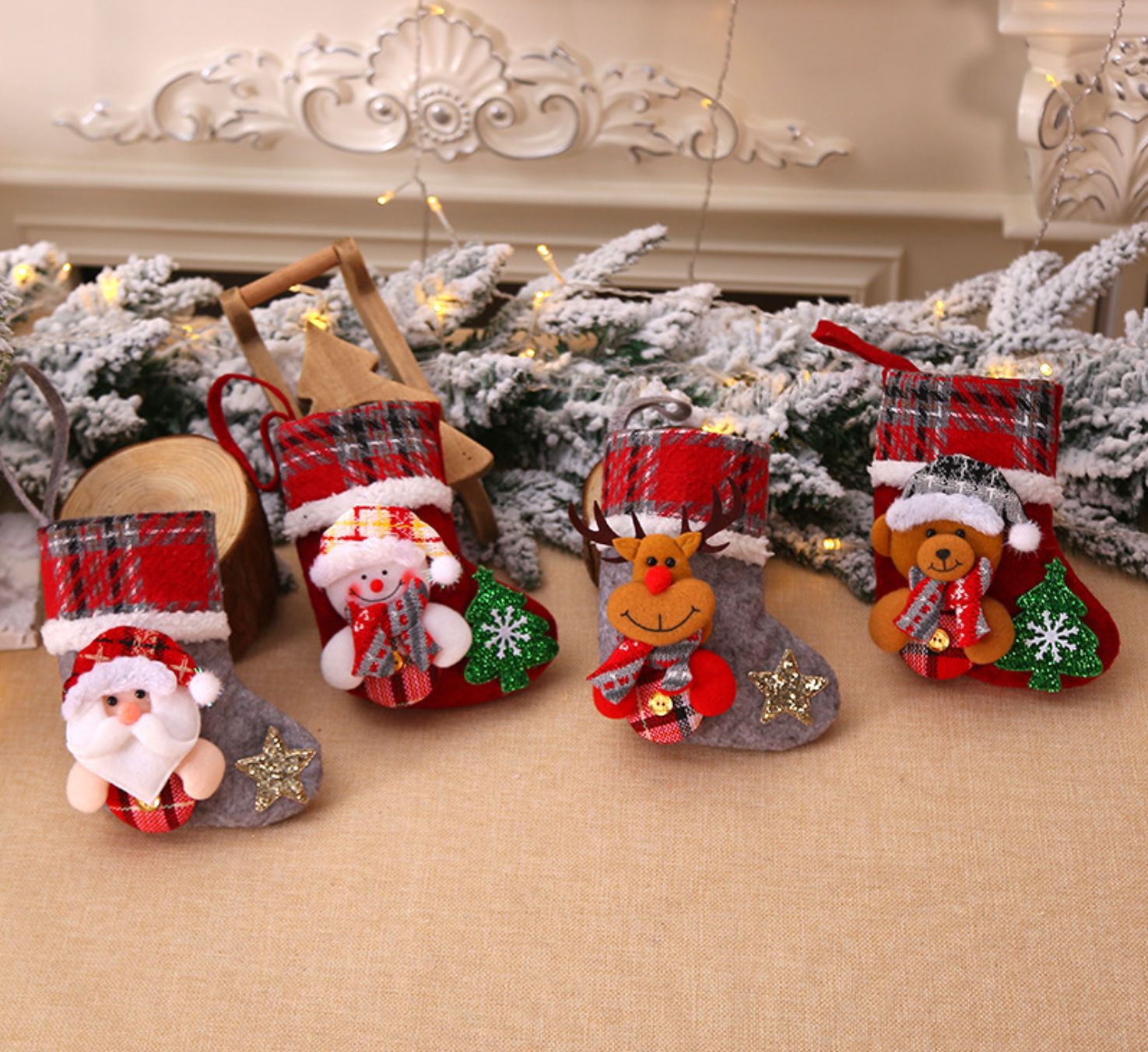 跨境圣诞树挂件小号格子布圣诞袜圣诞节装饰用品立体圣诞老人公仔