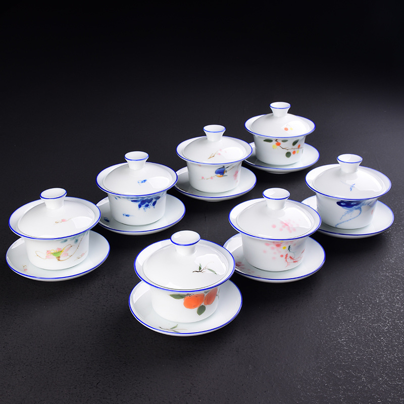 Cubierta pintada a mano Tazón Taza de té de cerámica juego de té de Kung Fu hogar tamaño pequeño Tazón de té Taza blanca tostada de porcelana Taza de té de tres piezas cubierta Tazón