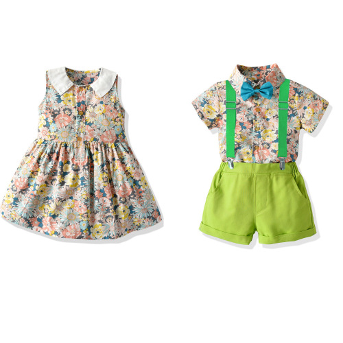 Cross-border summer new style printed shirt and suspender pants set for boys and girls, fashionable sibling outfits, wholesale from foreign trade