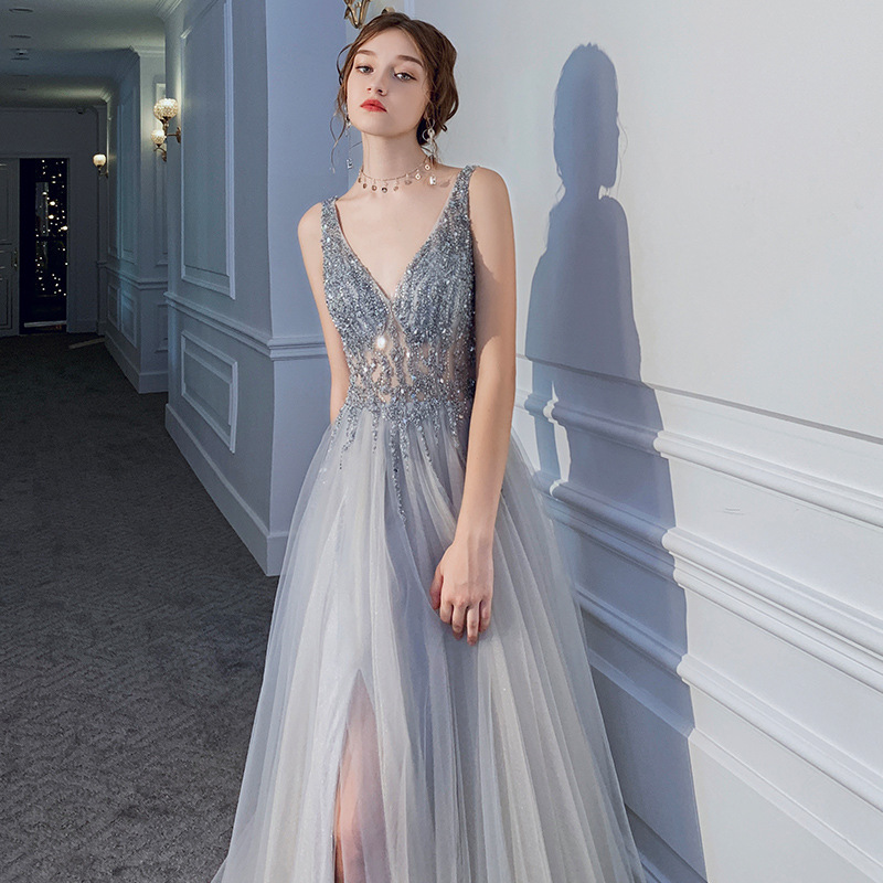 Silver sequined evening dress for women girls Annual party dress skirt  girls birthday party sexy backless