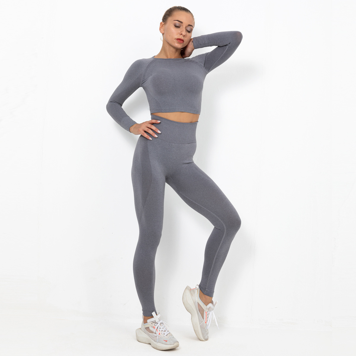 seamless crescent tight elastic long sleeve yoga suit  NSNS10721