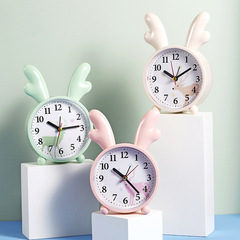 Cartoon Deer Antler Round Simple Alarm Clock Ornament Creative Student Gift Bedside Silent Small Alarm Clock Second Sweep Clock