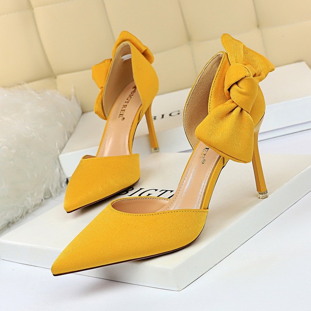 Korean fashion Stiletto High Heel suede hollow shallow mouth sexy thin pointed bow hollow sandals