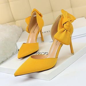 2136-5 han edition style high heel with suede hollow shallow mouth sexy show thin pointed bow hollow out sandals