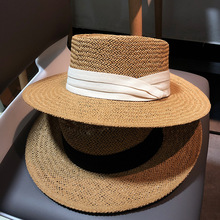 外贸原单出口夏天女手工编织巴拿马平顶礼帽遮阳度假沙滩太阳草帽
