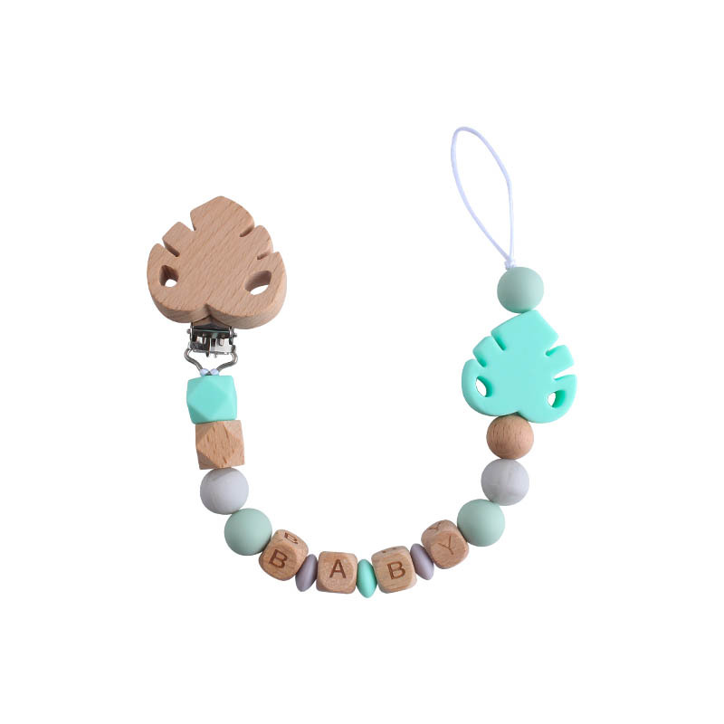 Nombre del bebé personalizable Cadena de chupete de hoja de silicona Bebé suministros de haya hoja chupete clip juguete mordedor