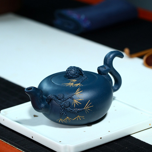 Yixing Zisha teapot wholesale hand-painted teapot raw mineral azure mud squirrel grape teapot Kung Fu tea set dropshipping