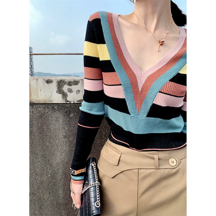 [Оригинальные товары из Гонконгского риса] Вязаный свитер контрастного цвета с V-образным вырезом, женский модный приталенный свитер с длинными рукавами, осень 2020
