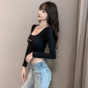 Sexy U-neck low chest letter print short bottomed shirt long sleeve top single T-shirt