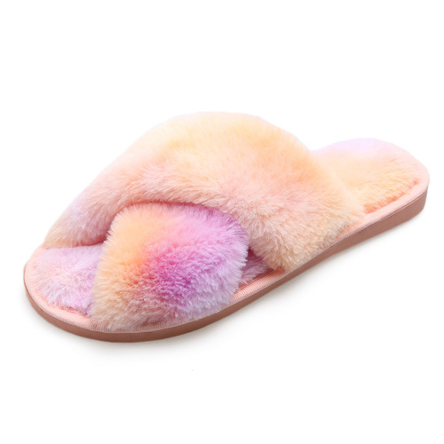 Women's autumn and winter fashionable furry slippers colorful cross open toe cotton slippers Amazon wish specializes in large size home furry slippers