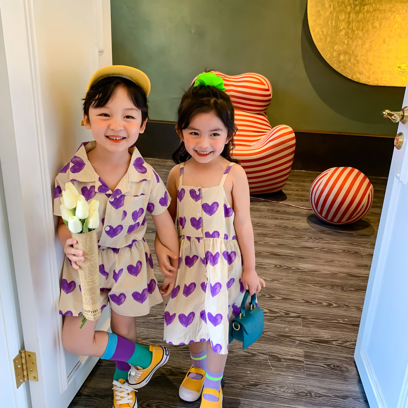 Children Set 2021 A summer Boy love Two piece set Short sleeved shorts girl love camisole Dress Siblings