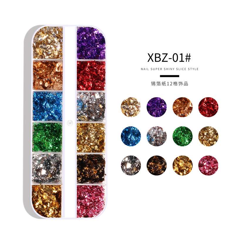 Joyería de hoja de color de uñas de Venta caliente transfronteriza 12 caja de tira de rejilla uñas papel de estaño roto hoja de oro de doble cara hoja de plata joyería