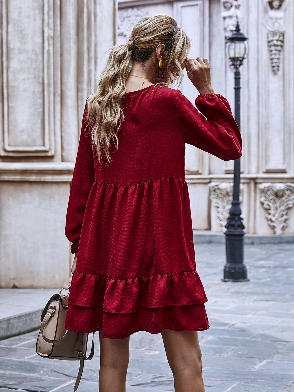 new wine red long-sleeved a-line skirt mid-length ruffle dress wholesale NHDF42