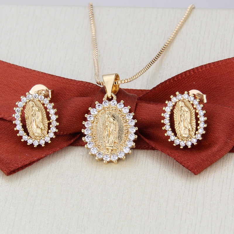 simple inlaid zirconium oval Virgin necklace earrings set