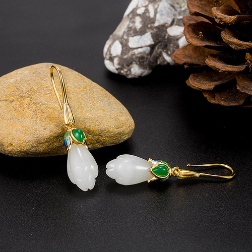 Retro ethnic style earrings, feminine tulip earrings, white jade earrings, magnolia earrings, simple earrings