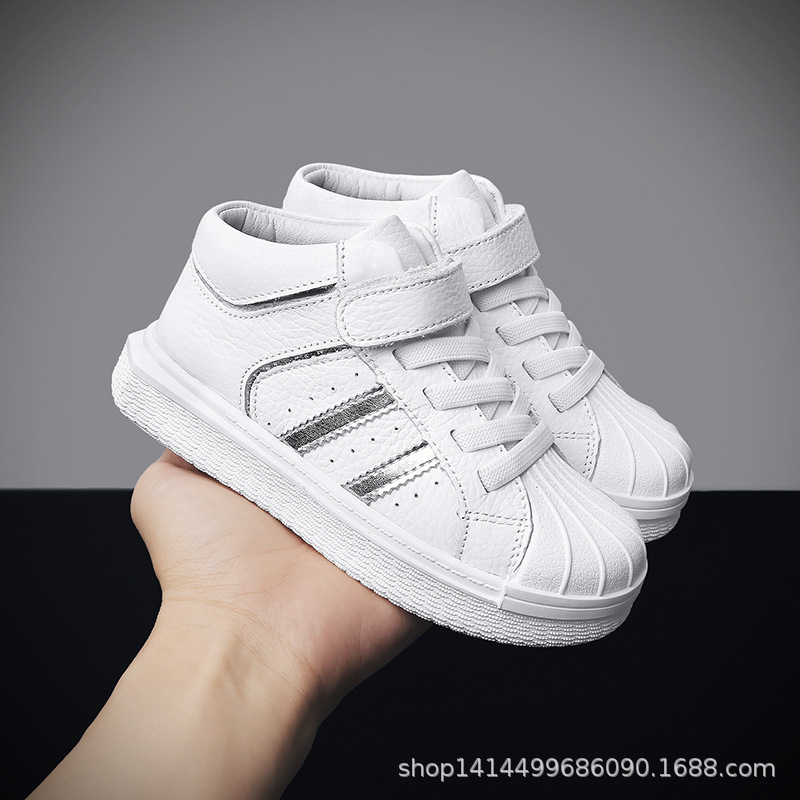 頭層牛皮兒童板鞋2020年新款真皮女童鞋防滑中幫魔術貼男童板鞋