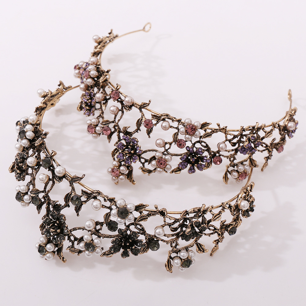 Retro Flower Alloy Inlay Artificial Gemstones Artificial Pearls Crown 1 Piece display picture 2