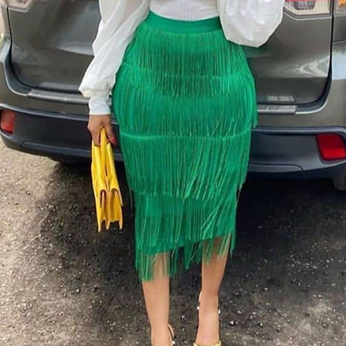 Women black green High waist layer fringe slim bag hip evening party fashion skirt model show stage performance pencil skirt Plus size skirt for woman