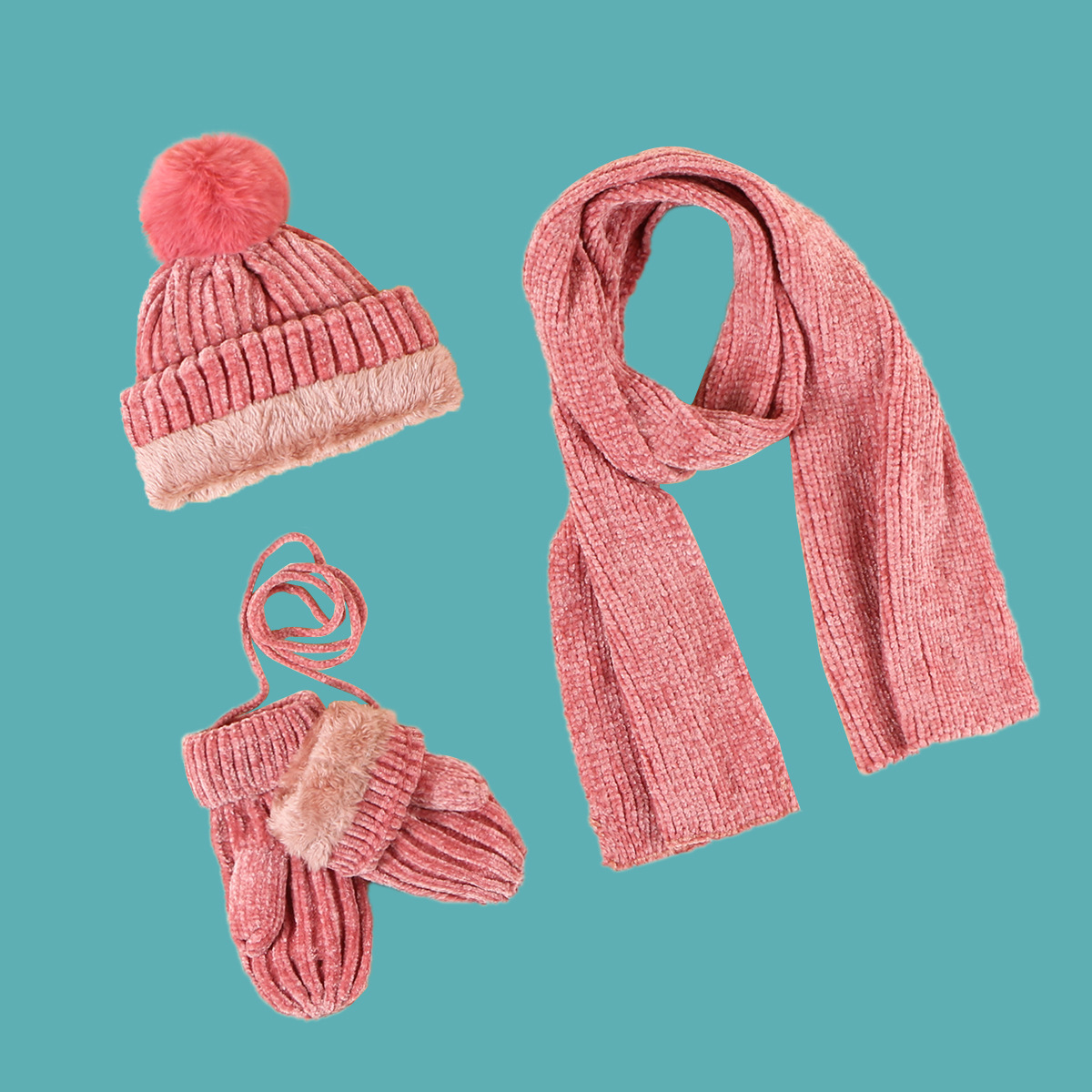 Children's Pink Hat Scarf Gloves Three-piece Set display picture 6