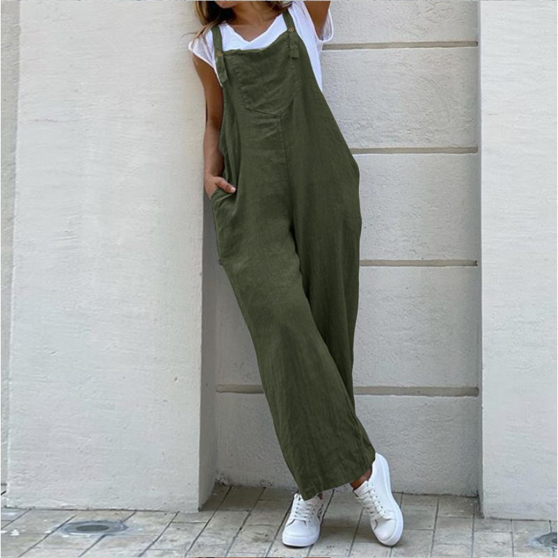 Sommer-Overall aus Baumwollleinen für Damen, modisch, ärmellos, weites Bein, Latzhose, einfarbig, langer Strampler, lässig, bequem, lässig, Playsuit_voghion.com