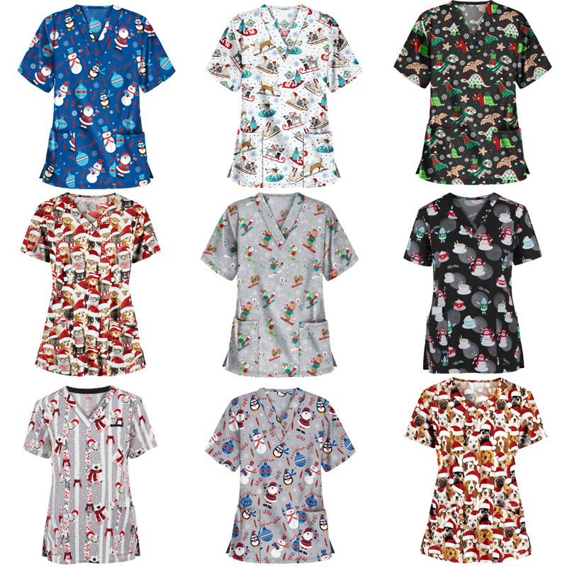 Amazon Ebay 2022 Independent Site Christmas Print Short-Sleeve Pocket T-Shirt Nurse Uniform Cross-Border Milk Silk Fabric
