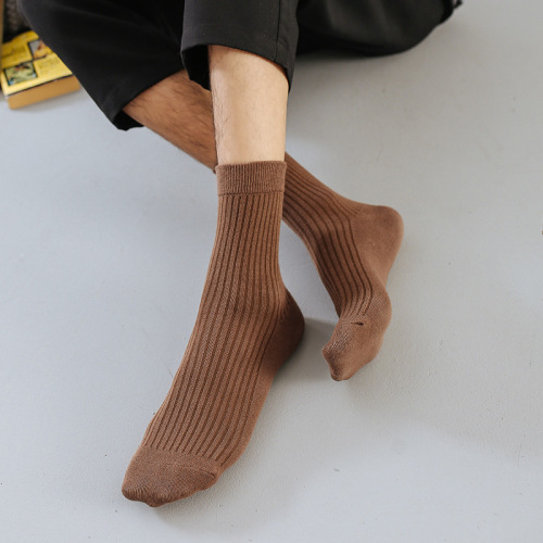 Manufacturer wholesale socks men's mid-calf socks solid color new vertical strip combed cotton socks sweat-absorbent casual versatile business socks