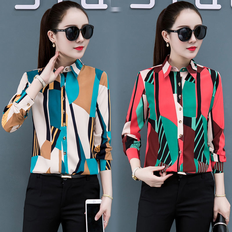 Camisa estampada de manga larga para mujer 2020 Primavera y otoño Nuevo estilo coreano elegante Top slim fit para mujer que adelgaza la camisa de fondo