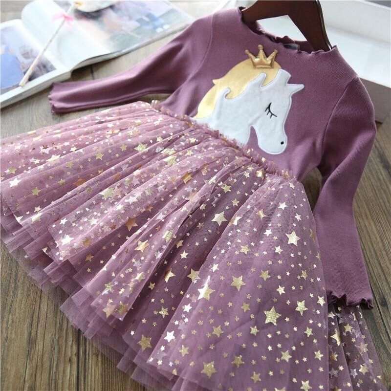 Weihnachten 2023 Mädchen Frühling und Herbst tragen Langarm Crown Pony Star Mesh Spliced Prinzessin Kleid_voghion.com