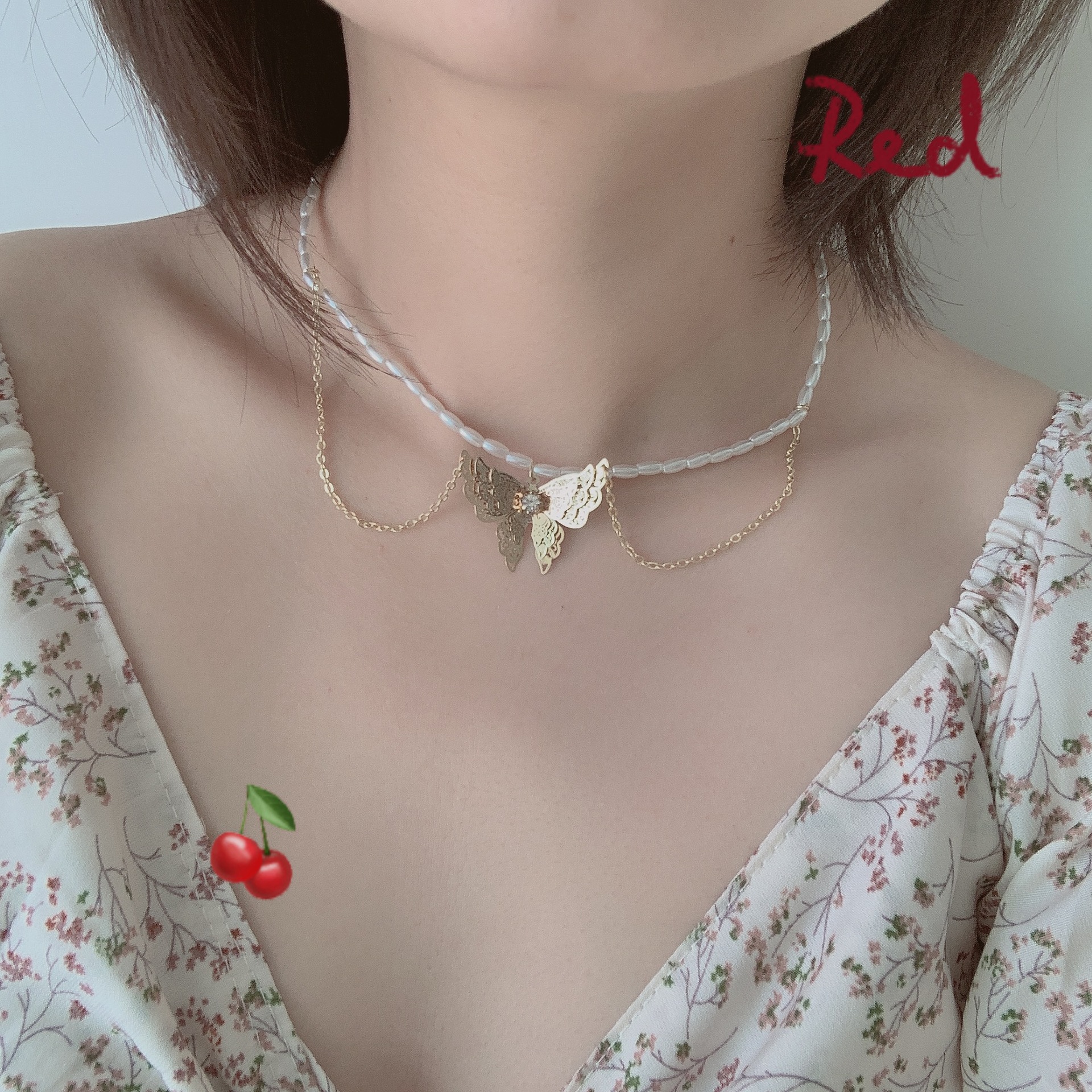 Corea Nuevo Collar De Mariposa De Perlas De Doble Capa Hecho A Sí Mismo Gargantilla Cadena De Clavícula Venta Al Por Mayor Nihaojewelry display picture 3